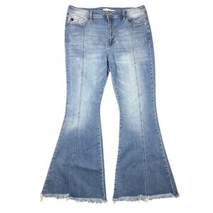 KanCan Maurices Women Blue High Rise Flare Jeans Seam Front Raw Hem Sz 31 123137